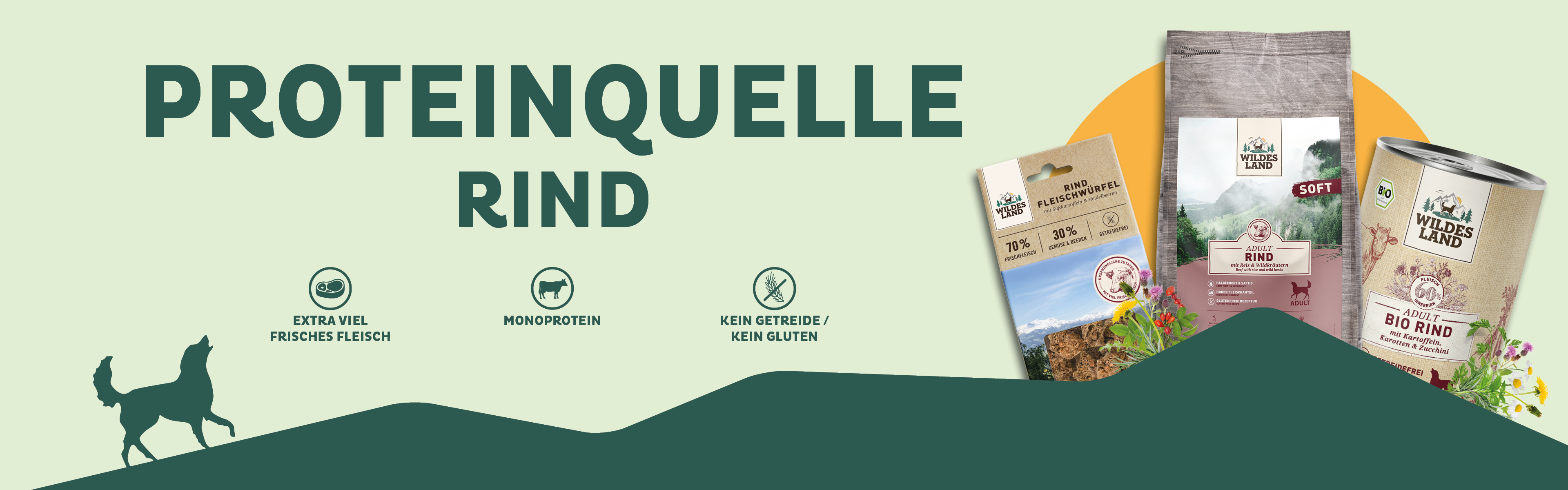 Eine Auswahl an „Wildes Land“-Produkten zeigt getreidefreies Hundefutter Rind, darunter Trockenfutter, Nassfutter und Snacks. Die Produkte sind Monoprotein, haben einen hohen Fleischanteil und sind ideal für empfindliche Hunde.